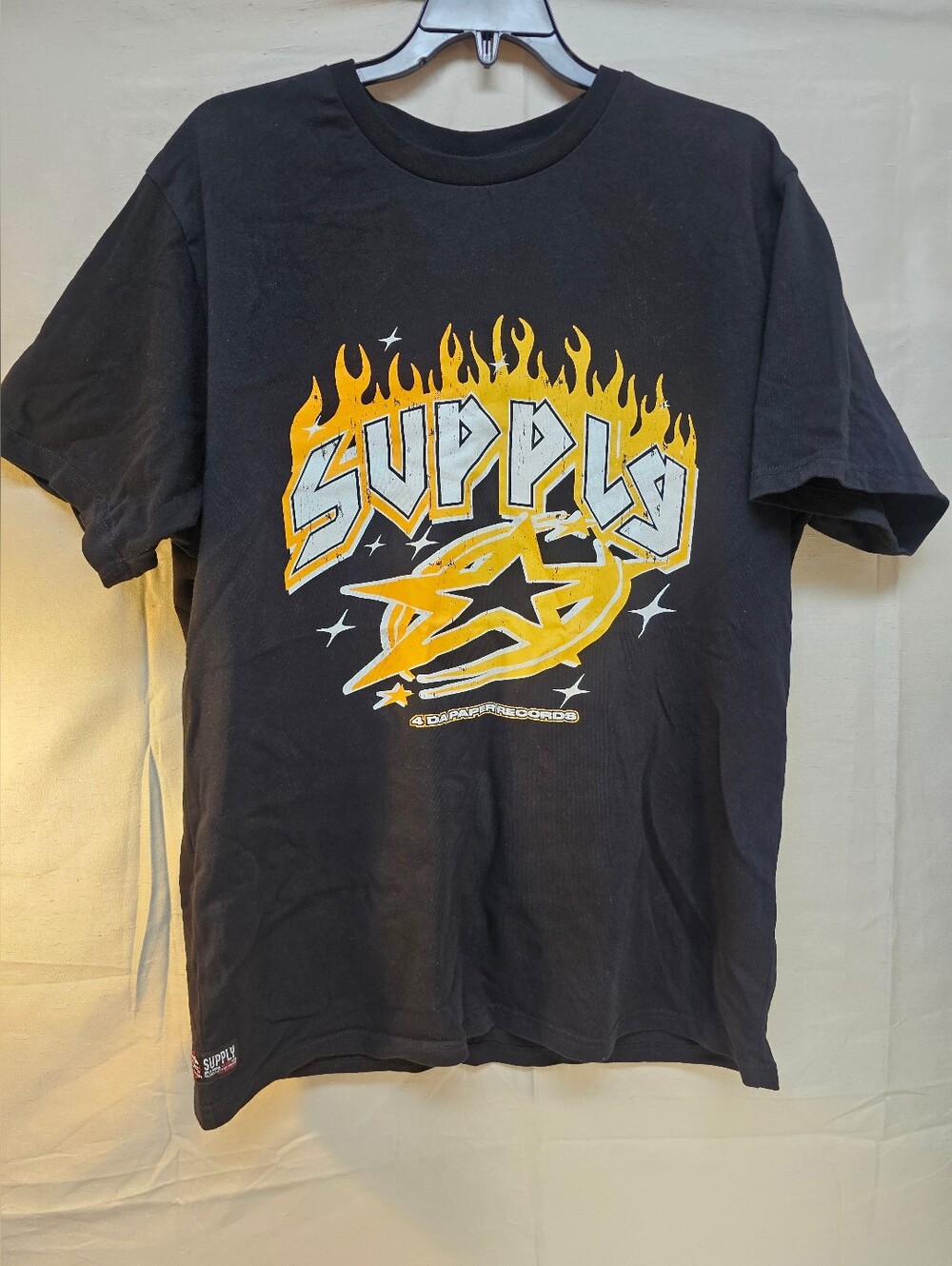 Supply 4 Da Paper Records Men's Graphic Black Tee with Yellow Flame Logo